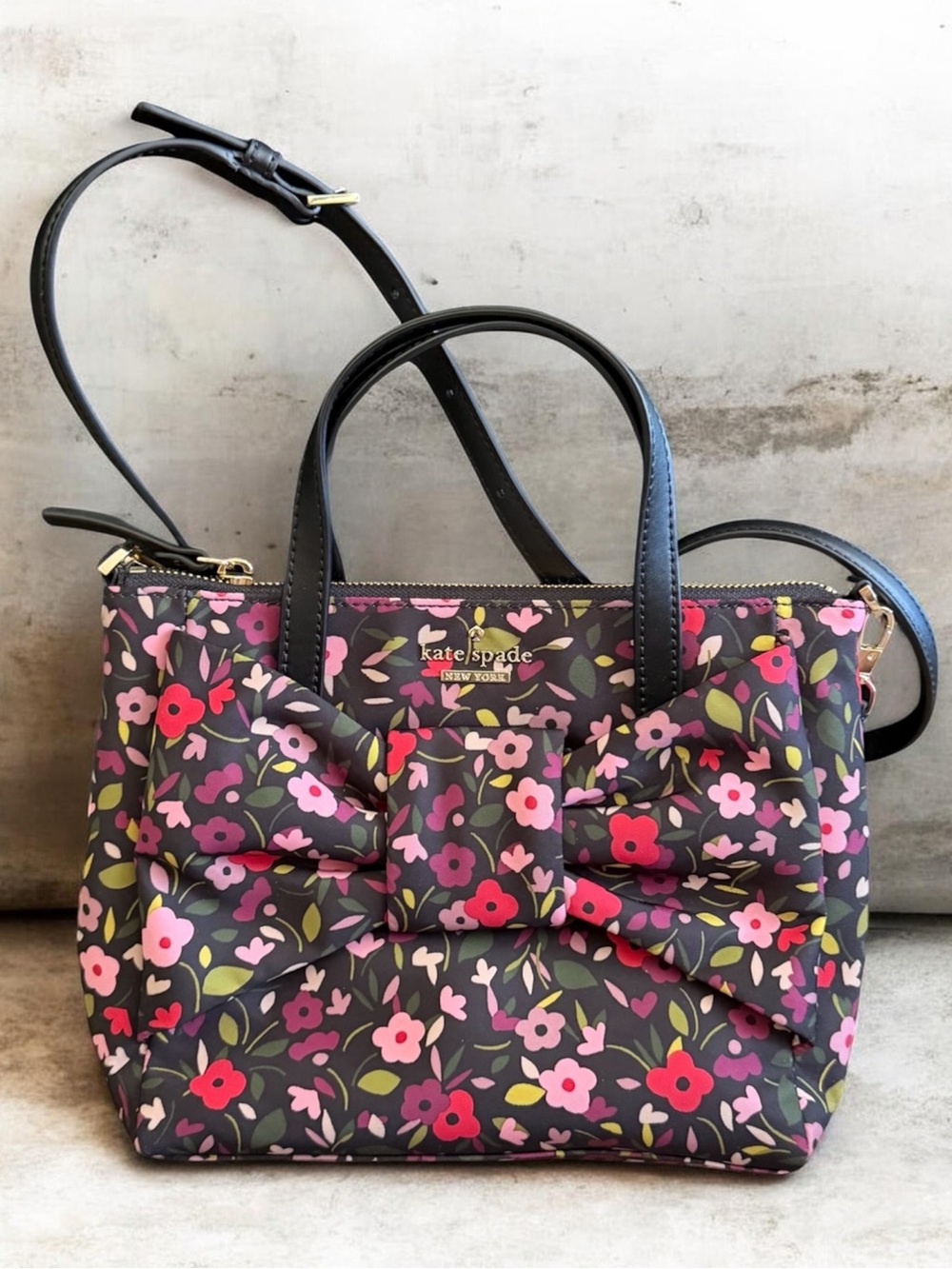 kate spade New York Black Floral Bow Satchel w/ Pink & Red Blooms Crossbody bag